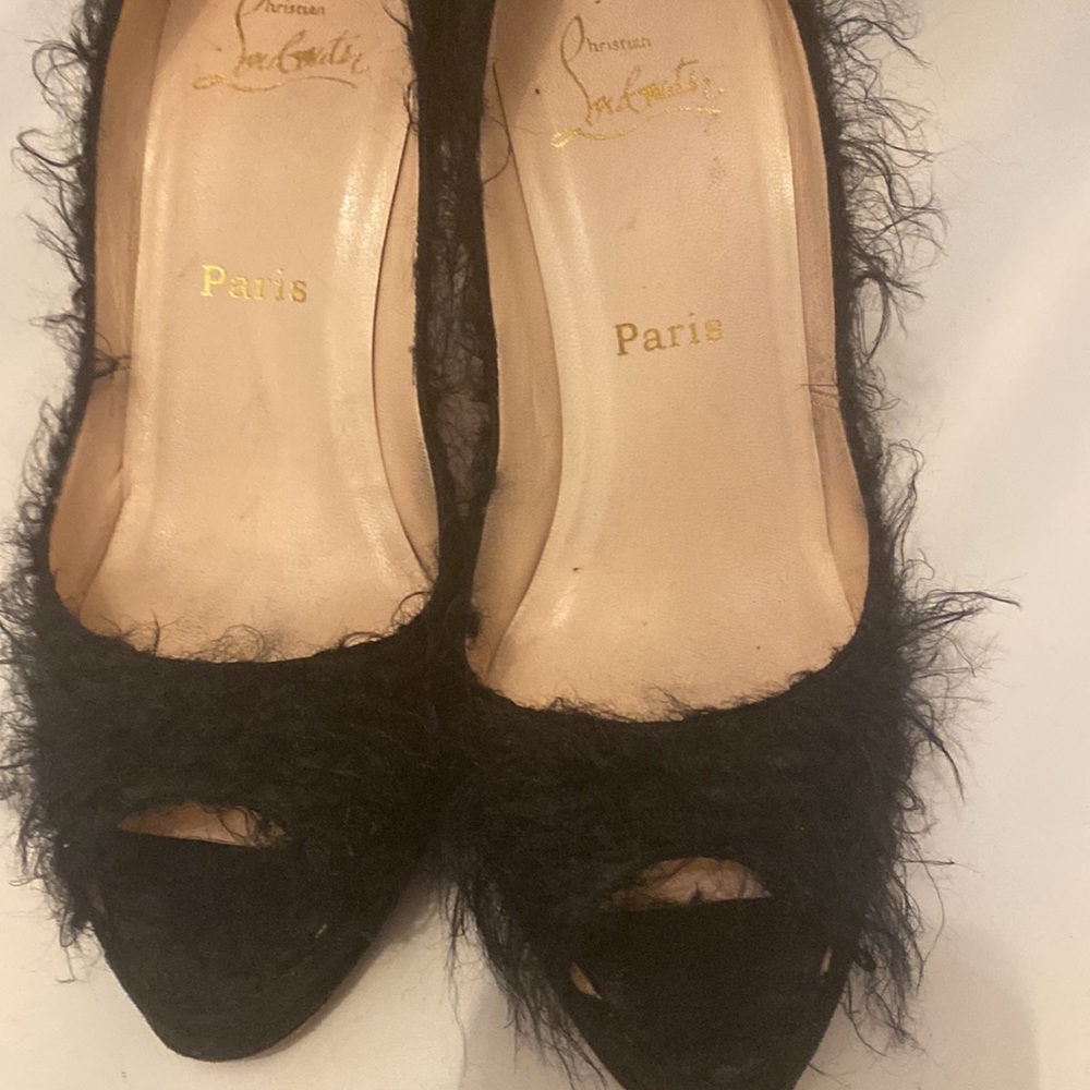 Christian Louboutin Black Fuzzy Open Toe Pumps - image 6